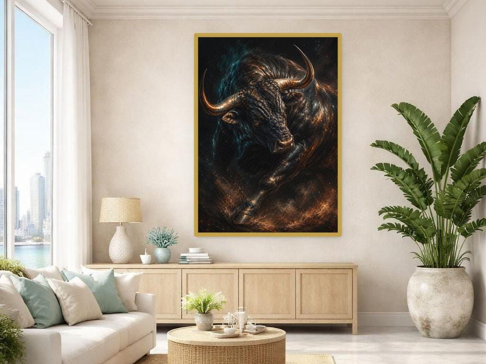 Black Dynamic Animal Art Charging Bull Canvas Print, Animal Wall Art, Office Decor, Framed Canvas