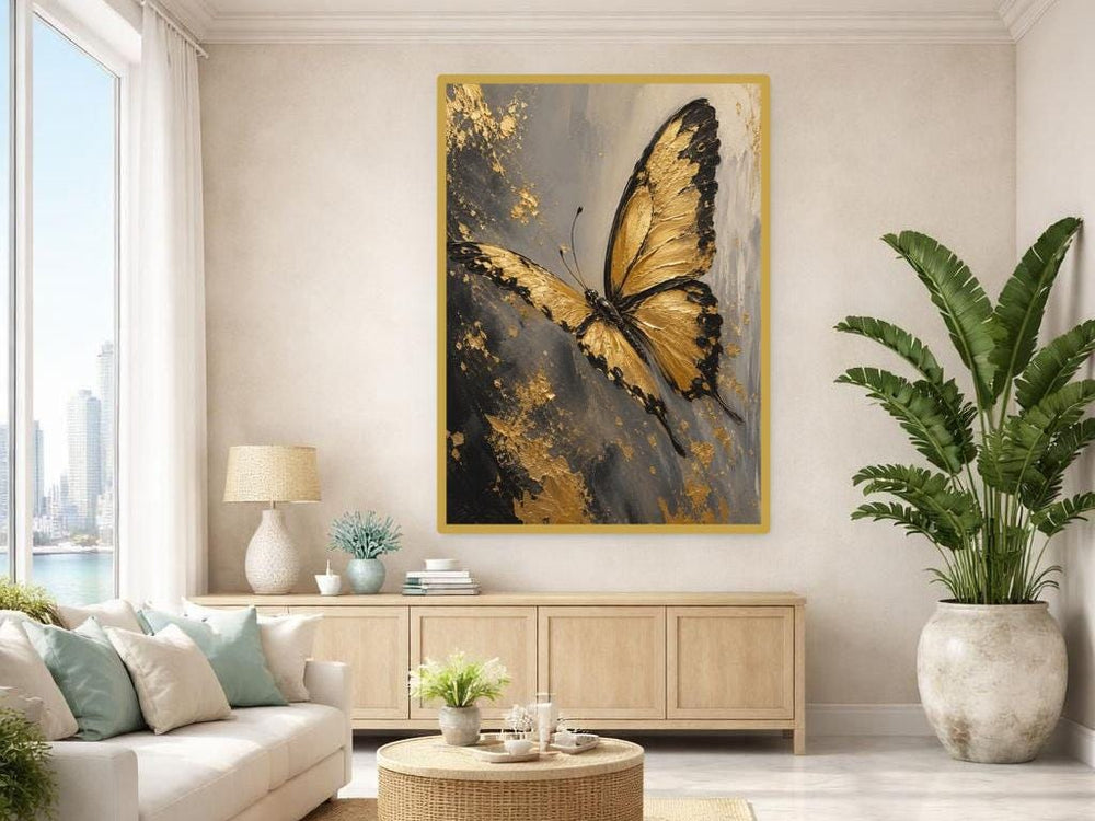 Gold Textured Floral Art Gold Butterfly Canvas Print, Butterfly Print, Living Room Decor, Framed Canvas