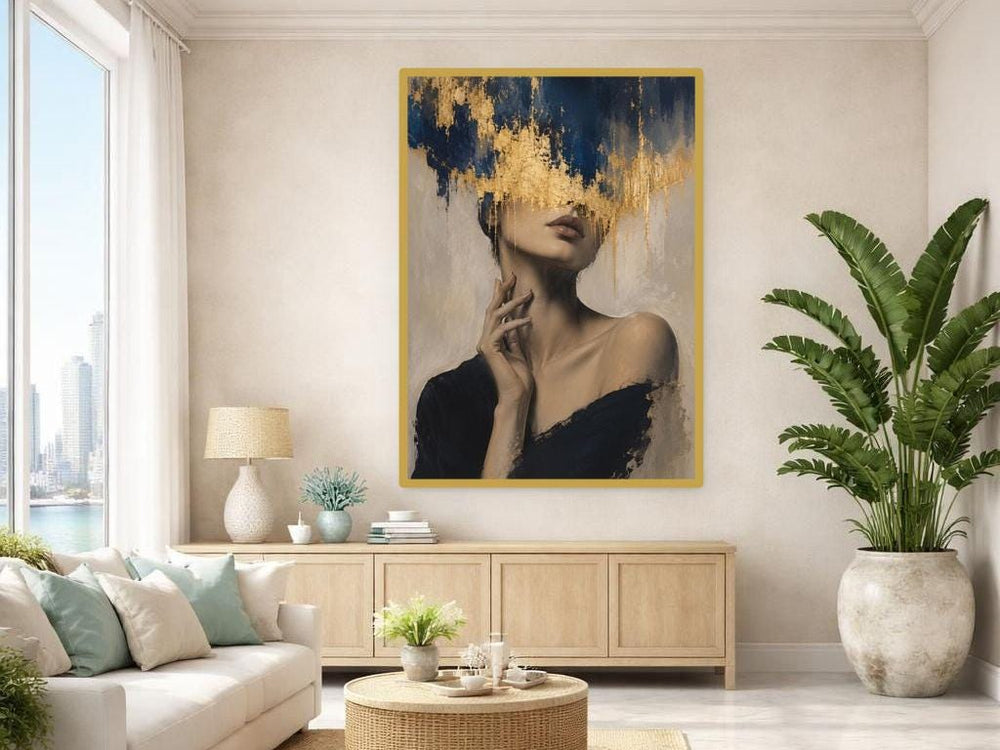 Gold Leaf Floral Woman Canvas Print, Botanical Woman Portrait, Elegant Living Room Decor, Ready to Hang