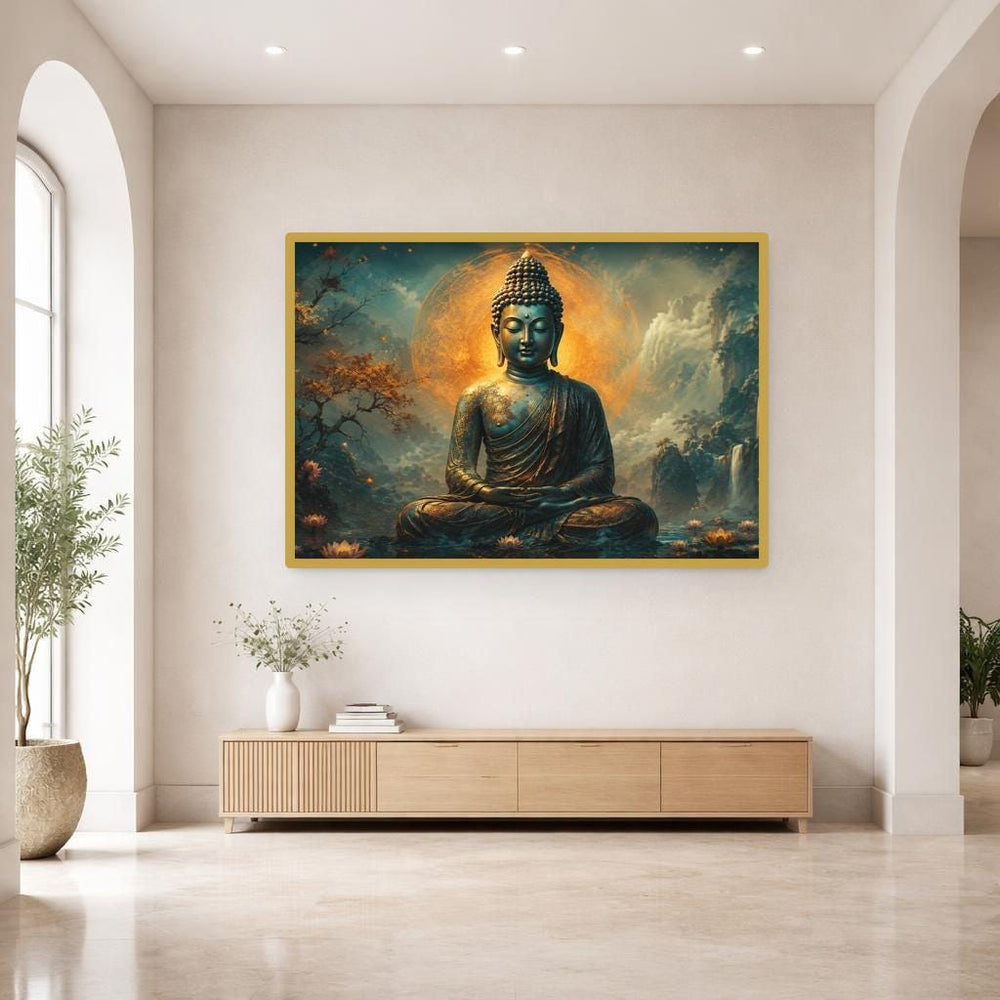 Golden Buddha Meditation Framed Canvas Print, Spiritual Serenity Wall Art, Meditation Room Decor