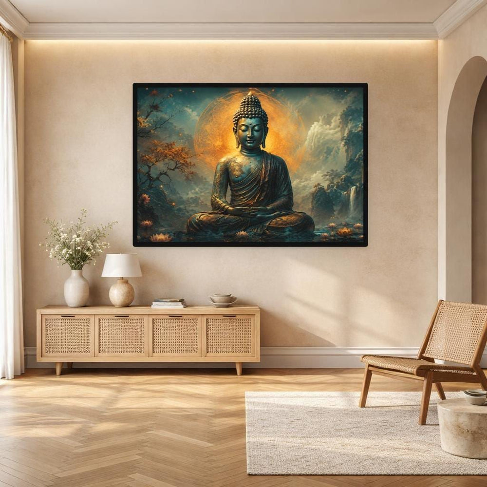 Golden Buddha Meditation Framed Canvas Print, Spiritual Serenity Wall Art, Meditation Room Decor