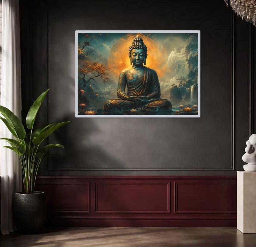 Golden Buddha Meditation Framed Canvas Print, Spiritual Serenity Wall Art, Meditation Room Decor