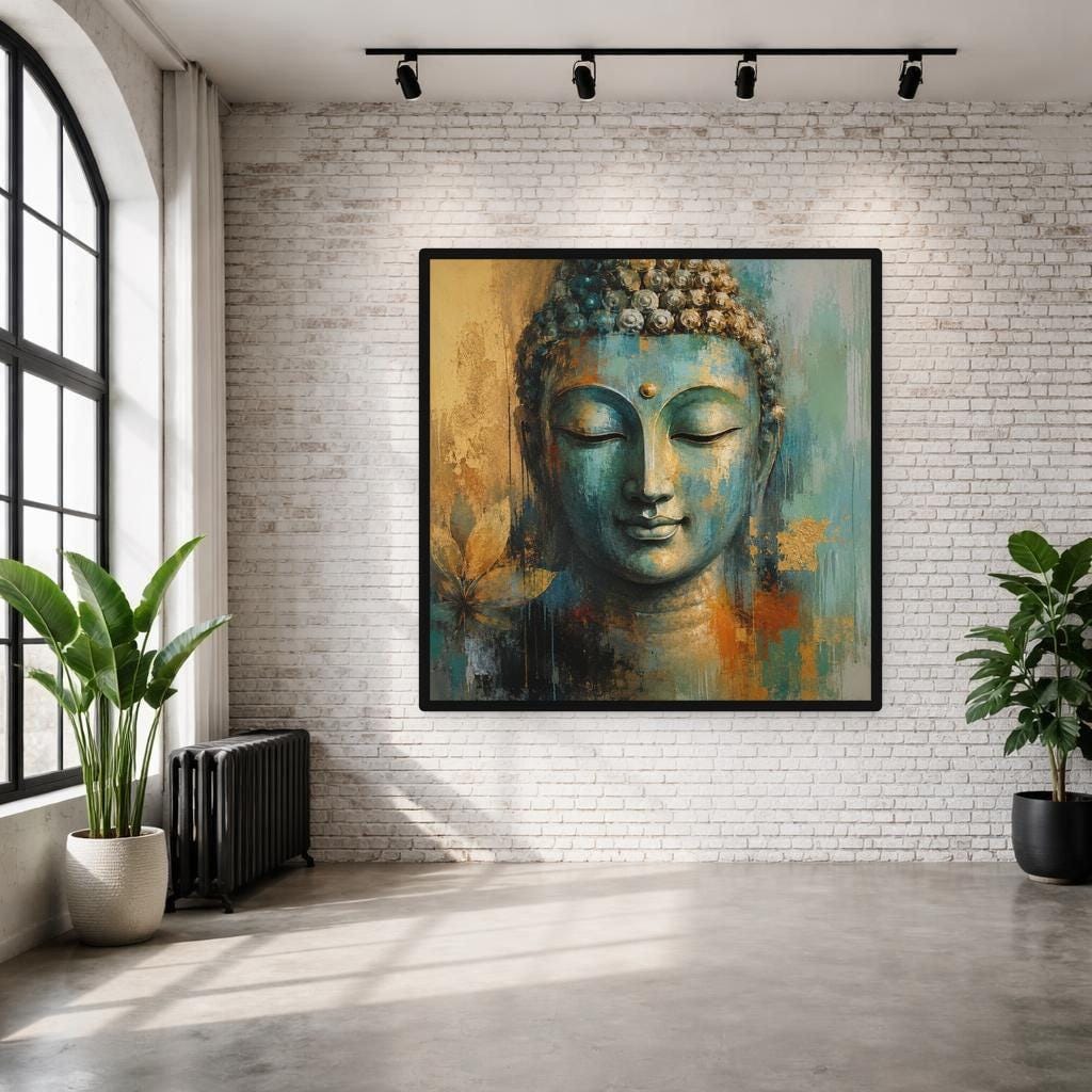 Teal Zen Serenity Buddha Face Canvas Print, Buddha Art Print, Meditation Room Decor, Framed Canvas