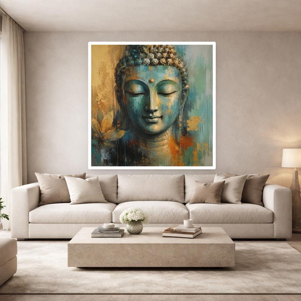 Teal Zen Serenity Buddha Face Canvas Print, Buddha Art Print, Meditation Room Decor, Framed Canvas