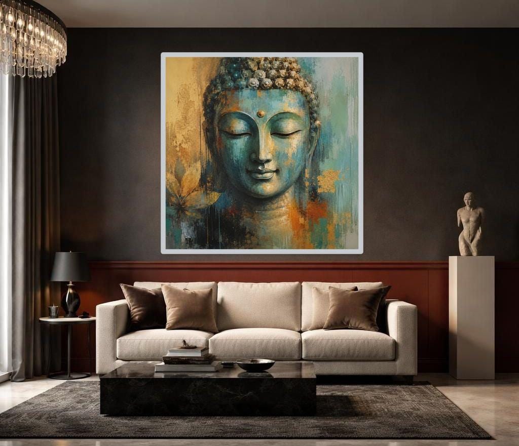 Teal Zen Serenity Buddha Face Canvas Print, Buddha Art Print, Meditation Room Decor, Framed Canvas
