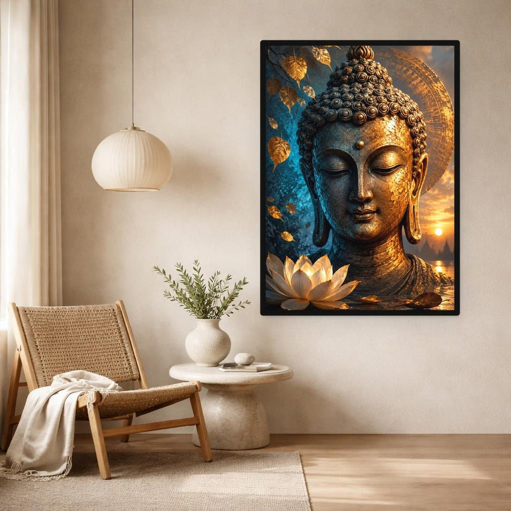 Golden Buddha Head Canvas Print, Buddha Art Print, Meditation Room Wall Decor, Ready to Hang