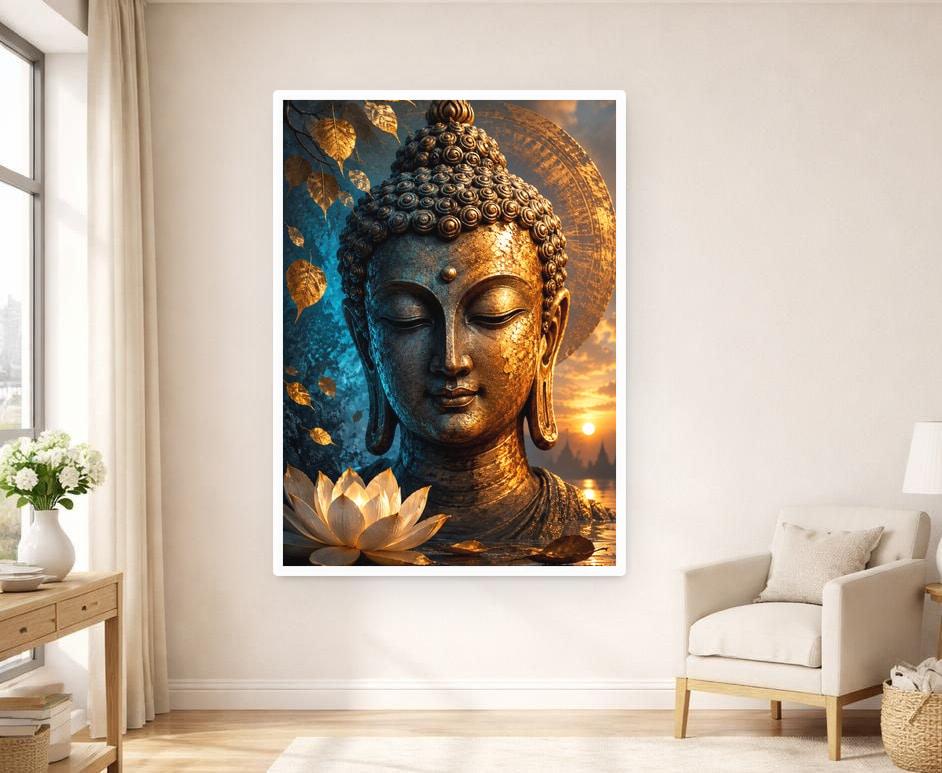 Golden Buddha Head Canvas Print, Buddha Art Print, Meditation Room Wall Decor, Ready to Hang