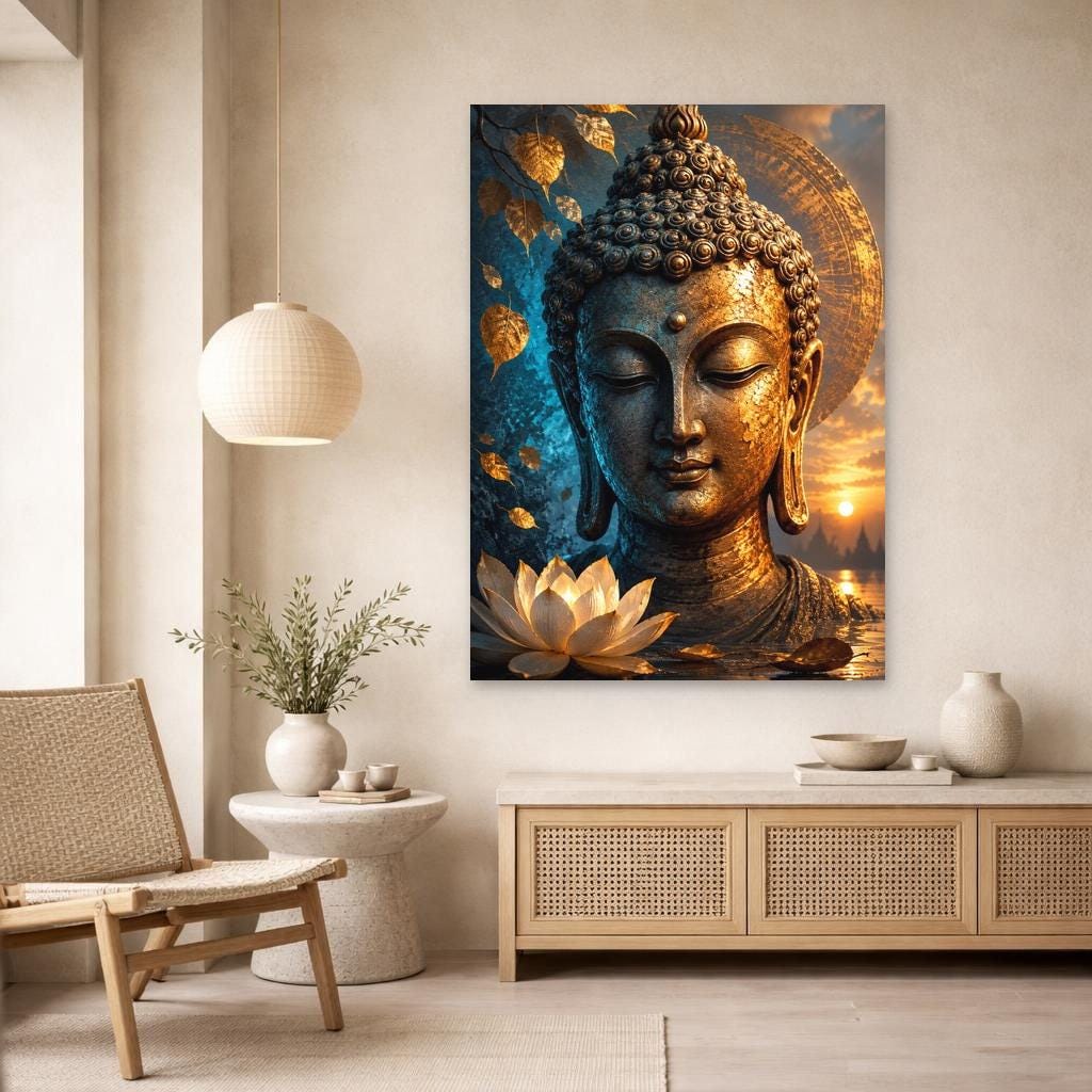 Golden Buddha Head Canvas Print, Buddha Art Print, Meditation Room Wall Decor, Ready to Hang