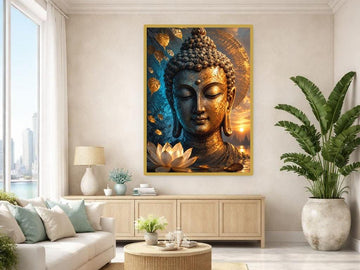 Golden Buddha Head Canvas Print, Buddha Art Print, Meditation Room Wall Decor, Ready to Hang
