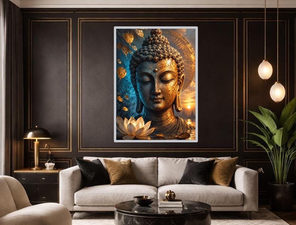 Golden Buddha Head Canvas Print, Buddha Art Print, Meditation Room Wall Decor, Ready to Hang