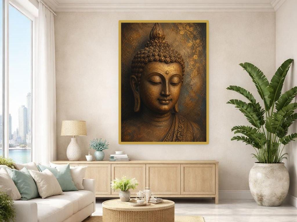 Golden Buddha Portrait Canvas Wall Art, Gold Meditative Zen Buddha Art Print, Living Room Decor, Gallery Wall Art