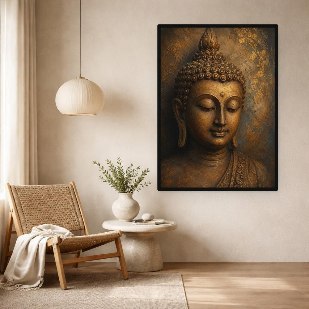 Golden Buddha Portrait Canvas Wall Art, Gold Meditative Zen Buddha Art Print, Living Room Decor, Gallery Wall Art