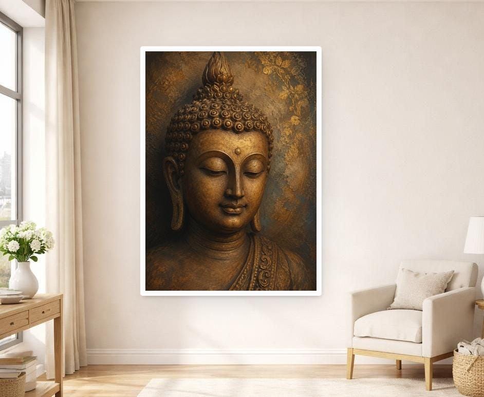 Golden Buddha Portrait Canvas Wall Art, Gold Meditative Zen Buddha Art Print, Living Room Decor, Gallery Wall Art