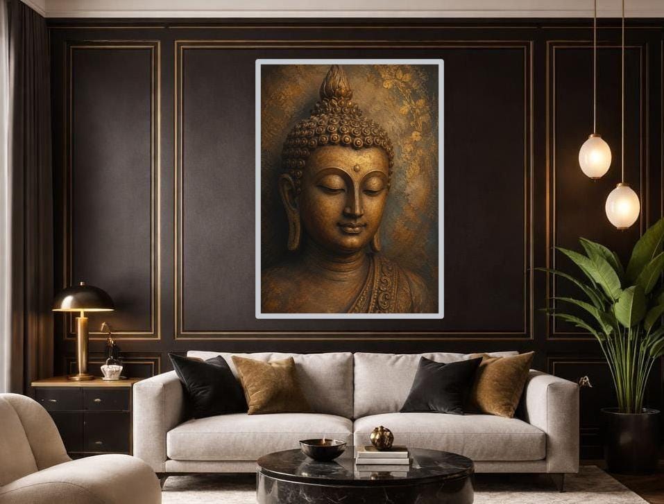 Golden Buddha Portrait Canvas Wall Art, Gold Meditative Zen Buddha Art Print, Living Room Decor, Gallery Wall Art