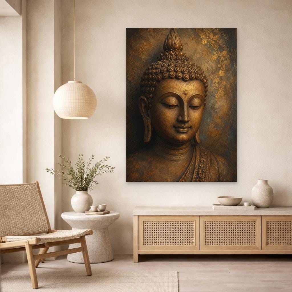 Golden Buddha Portrait Canvas Wall Art, Gold Meditative Zen Buddha Art Print, Living Room Decor, Gallery Wall Art