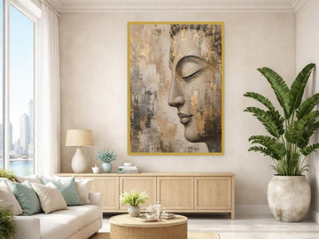 Buddha Face Portrait Canvas Wall Art, Gold Zen Minimalist Buddha Art Print, Living Room Decor, Gallery Wall Art