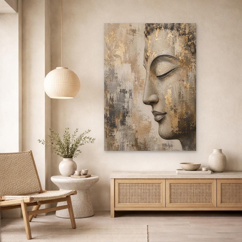 Buddha Face Portrait Canvas Wall Art, Gold Zen Minimalist Buddha Art Print, Living Room Decor, Gallery Wall Art