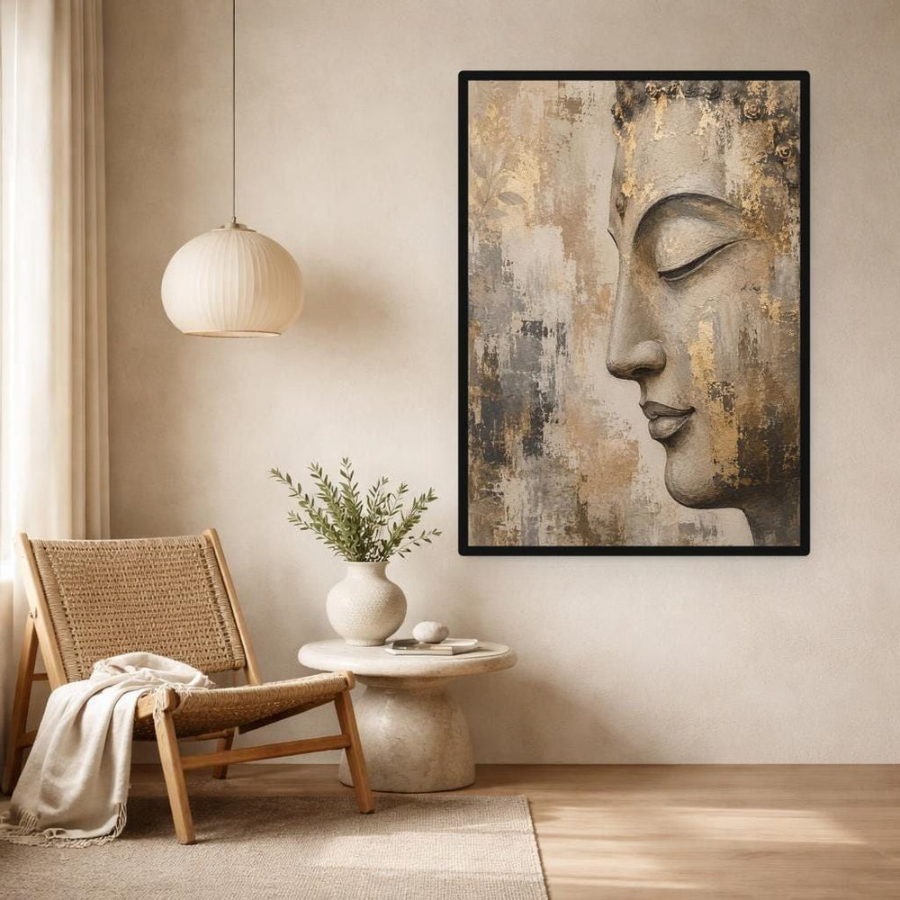 Buddha Face Portrait Canvas Wall Art, Gold Zen Minimalist Buddha Art Print, Living Room Decor, Gallery Wall Art