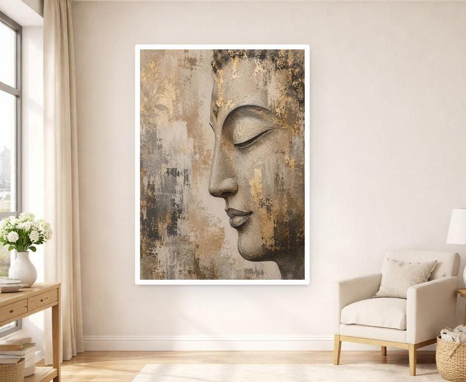 Buddha Face Portrait Canvas Wall Art, Gold Zen Minimalist Buddha Art Print, Living Room Decor, Gallery Wall Art