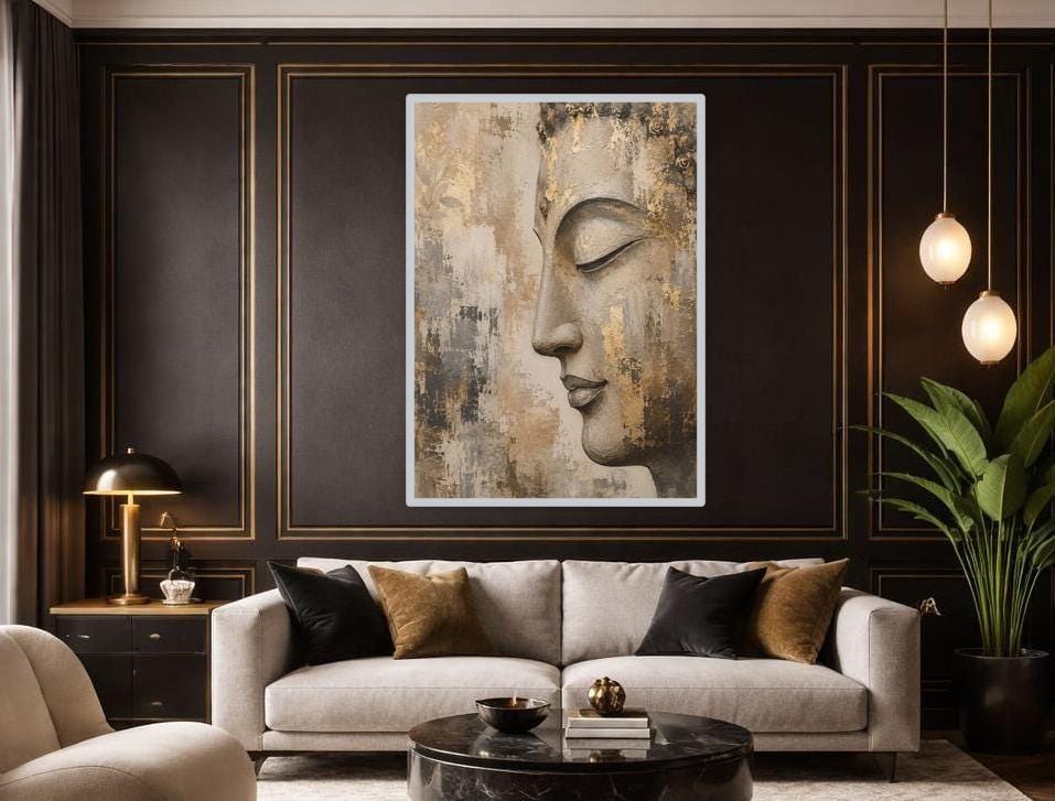 Buddha Face Portrait Canvas Wall Art, Gold Zen Minimalist Buddha Art Print, Living Room Decor, Gallery Wall Art