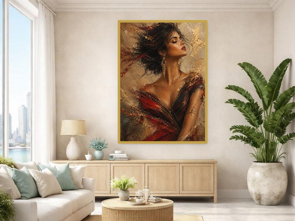 Gold Leaf Floral Woman Framed Canvas Print, Floral Woman Wall Art, Elegant Bedroom Decor