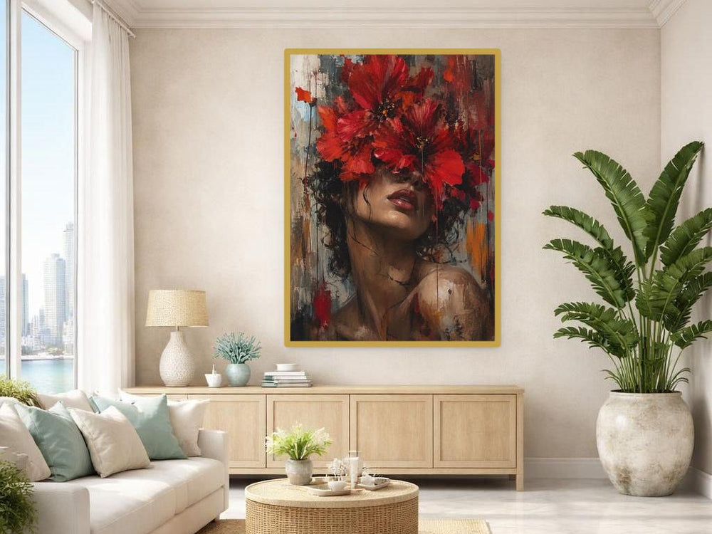 Floral Woman Portrait Canvas Wall Art, Dark Floral Portrait Print, Moody Bedroom Decor, Framed Canvas