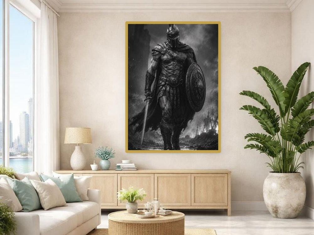 Black Samurai Warrior Framed Canvas Print, Japanese Warrior Wall Art, Modern Office Decor