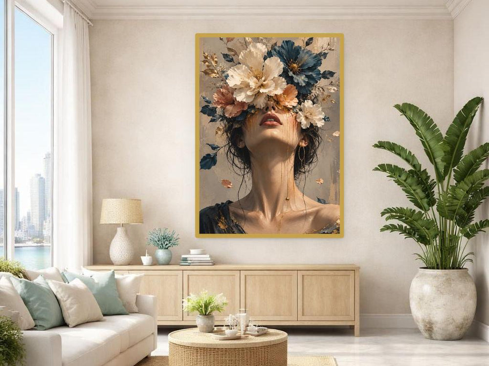 Gold Leaf Floral Woman Wall Art Print, Gold Leaf Botanical Portrait, Bedroom Gallery Decor