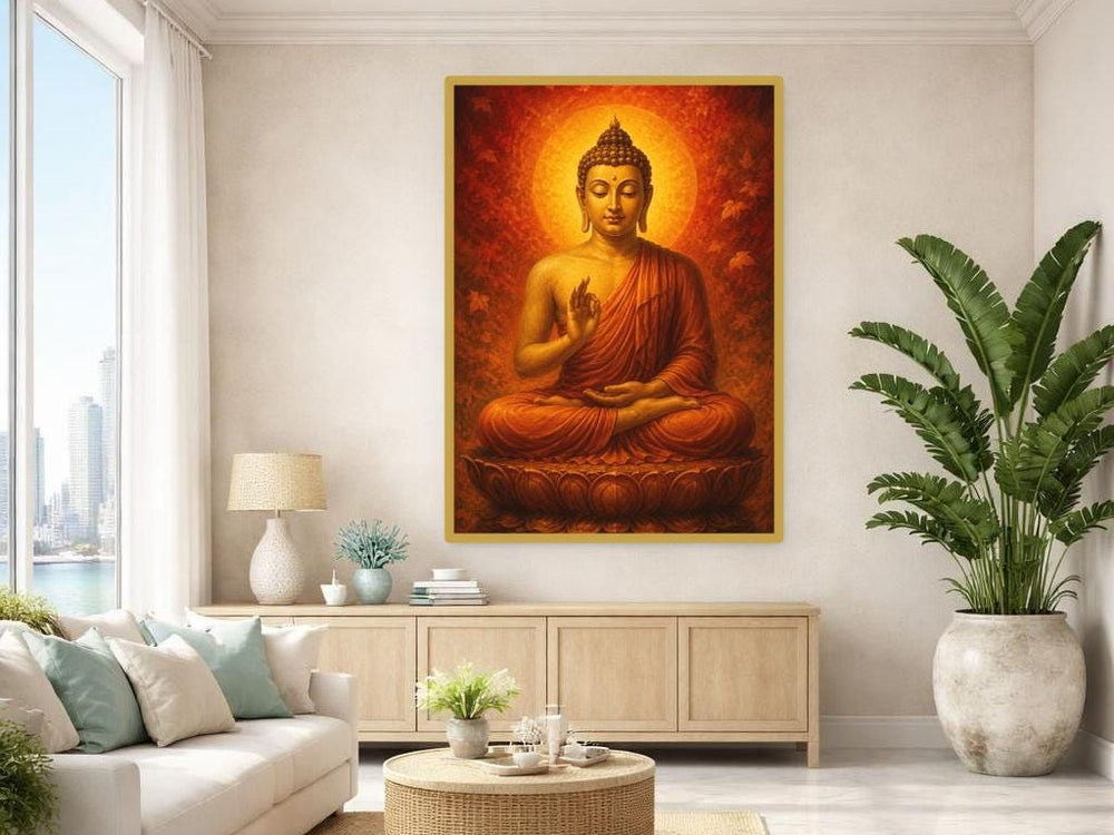 Golden Buddha Framed Canvas Print, Meditative Spiritual Wall Art, Prayer Room Decor