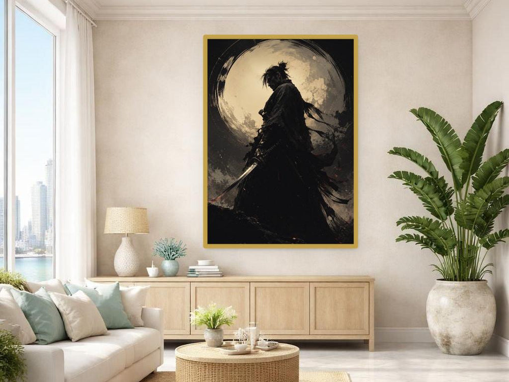 Black Samurai Warrior Canvas Wall Art, Sword Warrior Portrait, Japanese Study Decor, Framed Canvas