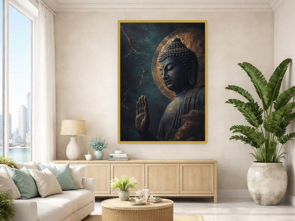 Golden Buddha Statue Wall Art Print, Zen Spiritual Art Canvas Art, Meditation Room Decor, Ready to Hang