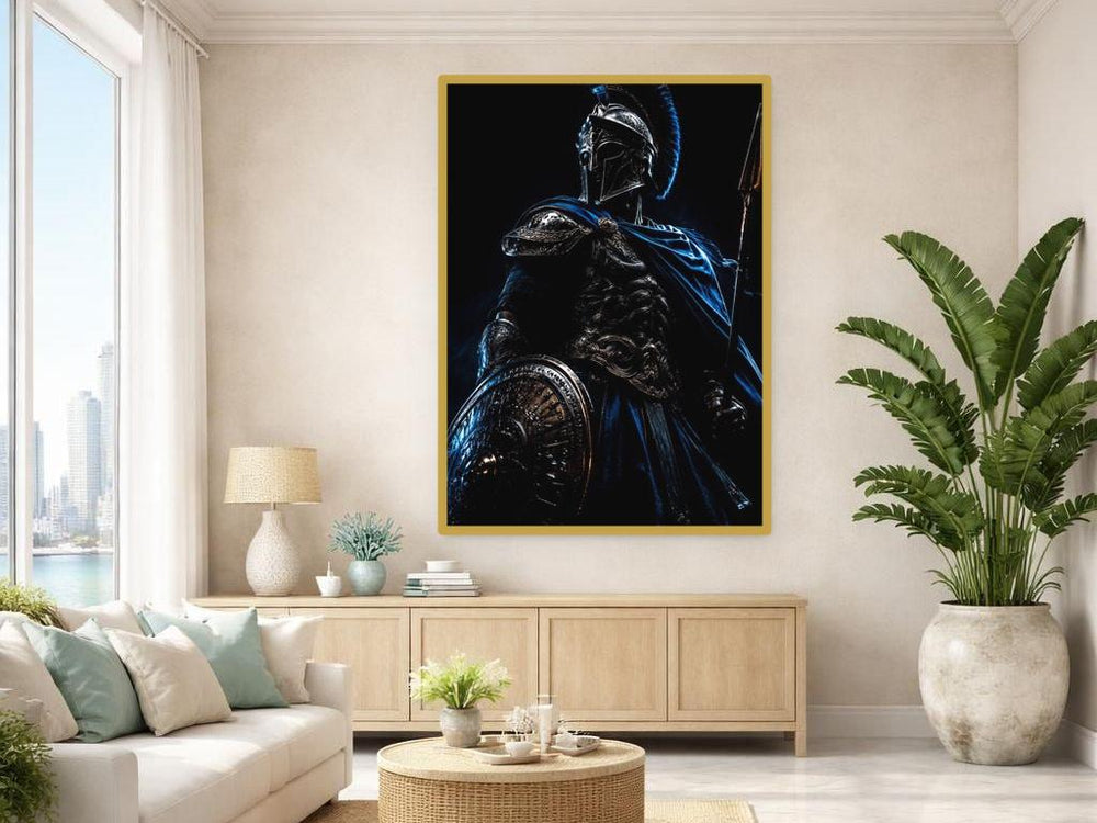 Blue Dramatic Warrior Art Greek Warrior with Shield Canvas Print, Warrior Print, Office Decor, Framed Canvas