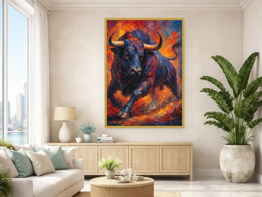 Blue Bold Animal Art Charging Bull Canvas Print, Animal Wall Art, Office Decor, Framed Canvas
