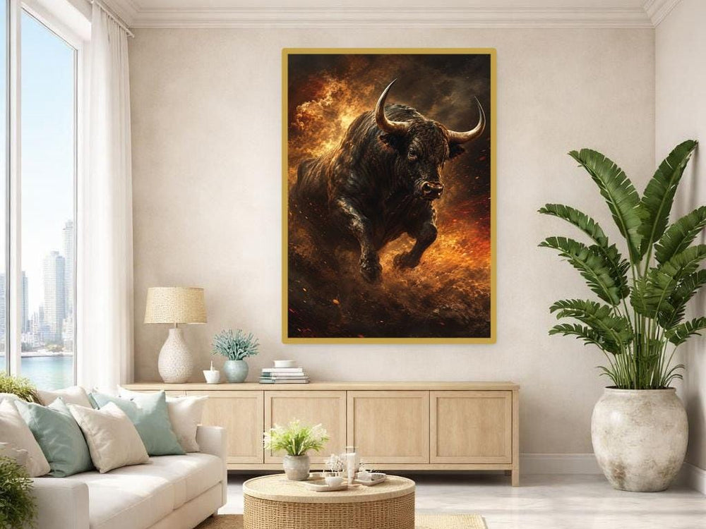Charging Bull Framed Canvas Print, Dynamic Animal Art Wall Art, Office Decor
