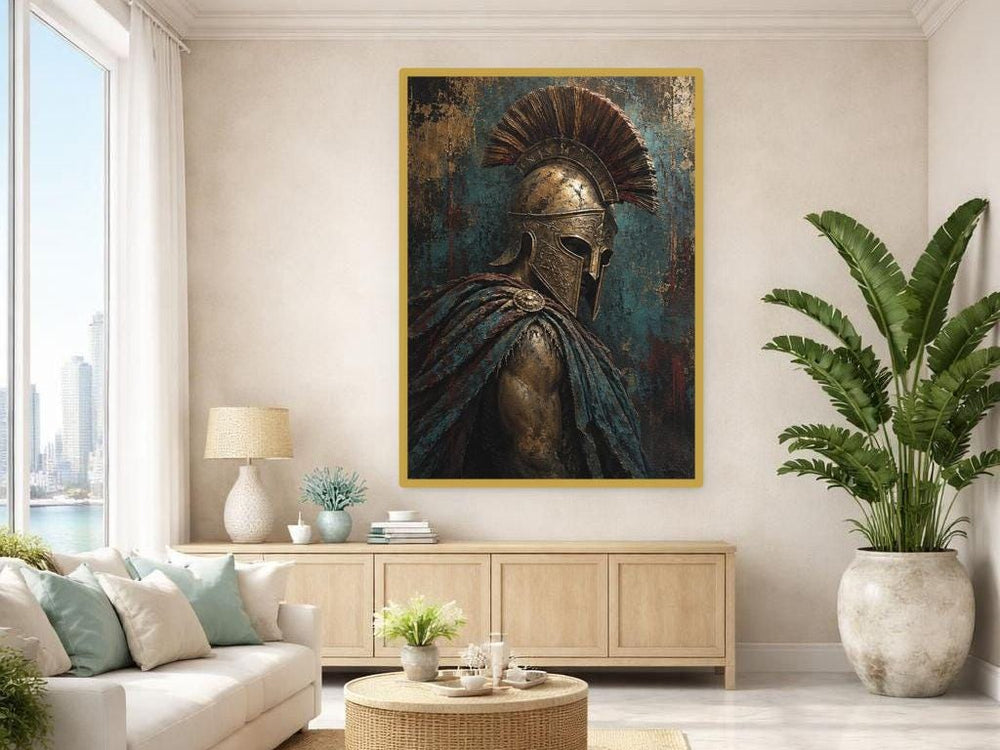 Bronze Samurai Warrior Canvas Wall Art, Sword Warrior Portrait, Japanese Study Decor, Framed Canvas