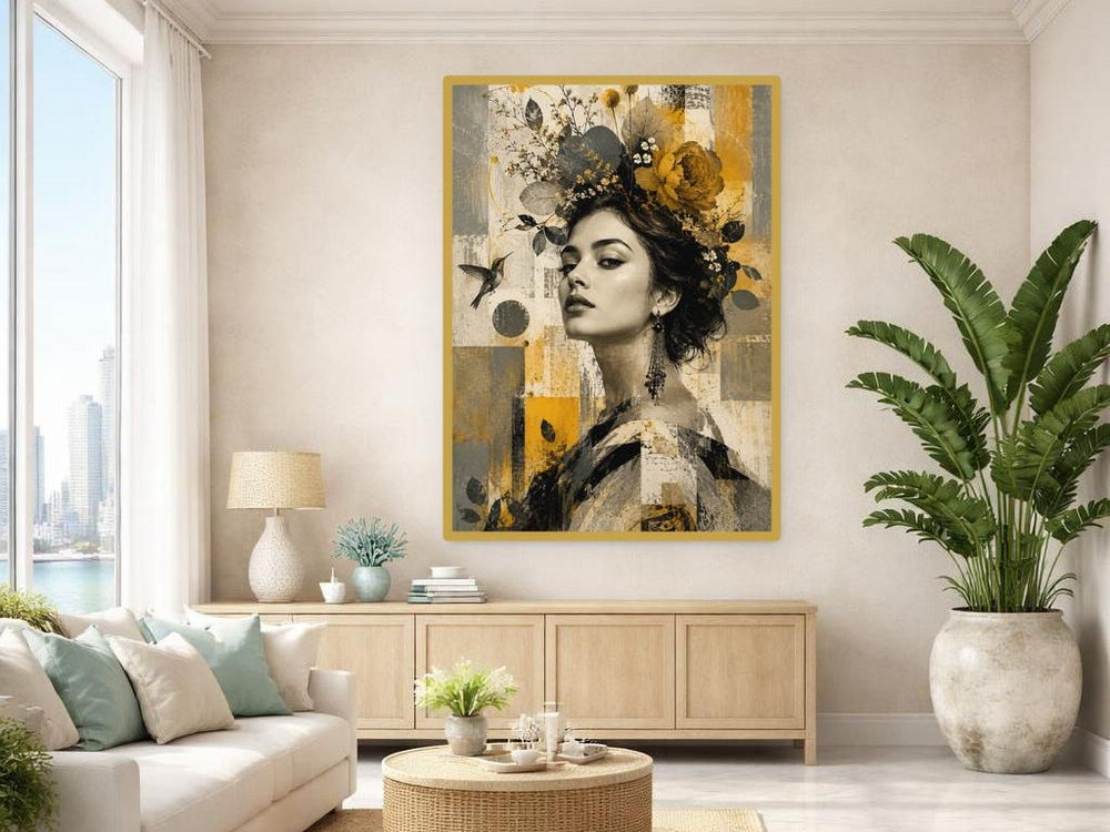 Floral Woman Portrait Art Print, Dark Botanical Woman Canvas Art, Moody Wall Decor, Framed Canvas