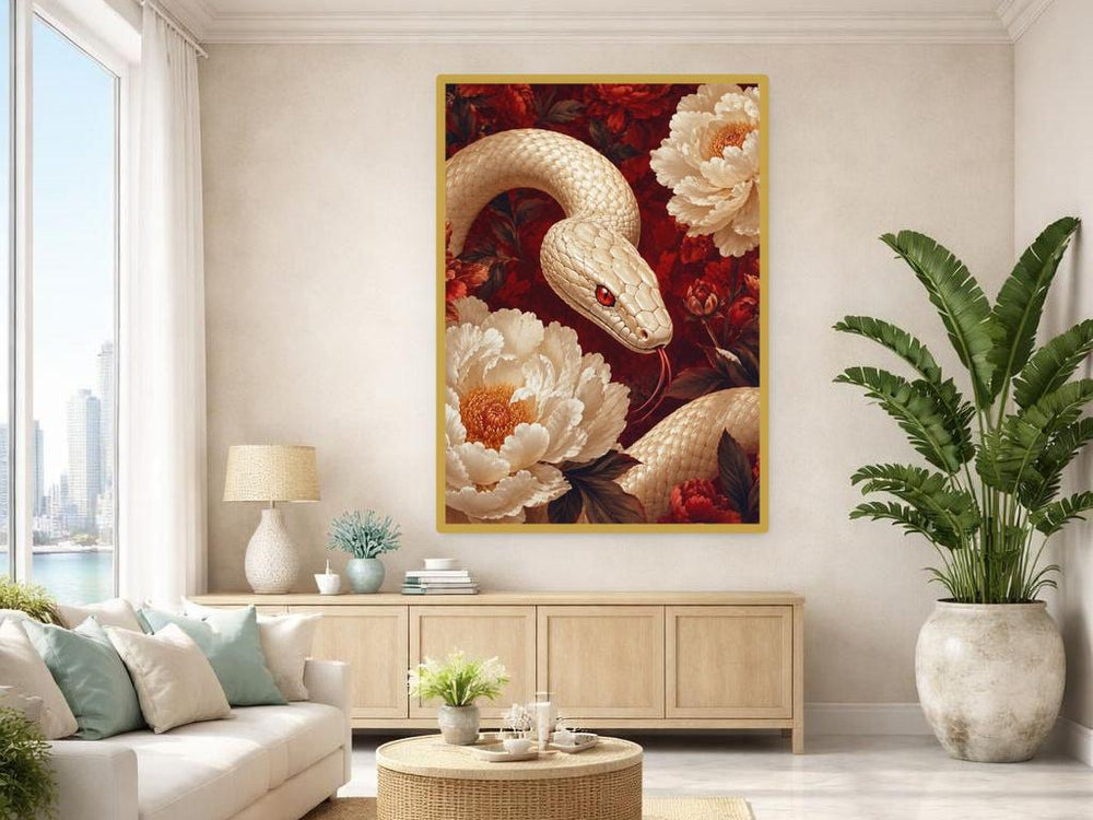 White Snake and Peonies Wall Art Print, Floral Fantasy Canvas Art, Living Room Decor, Ready to Hang