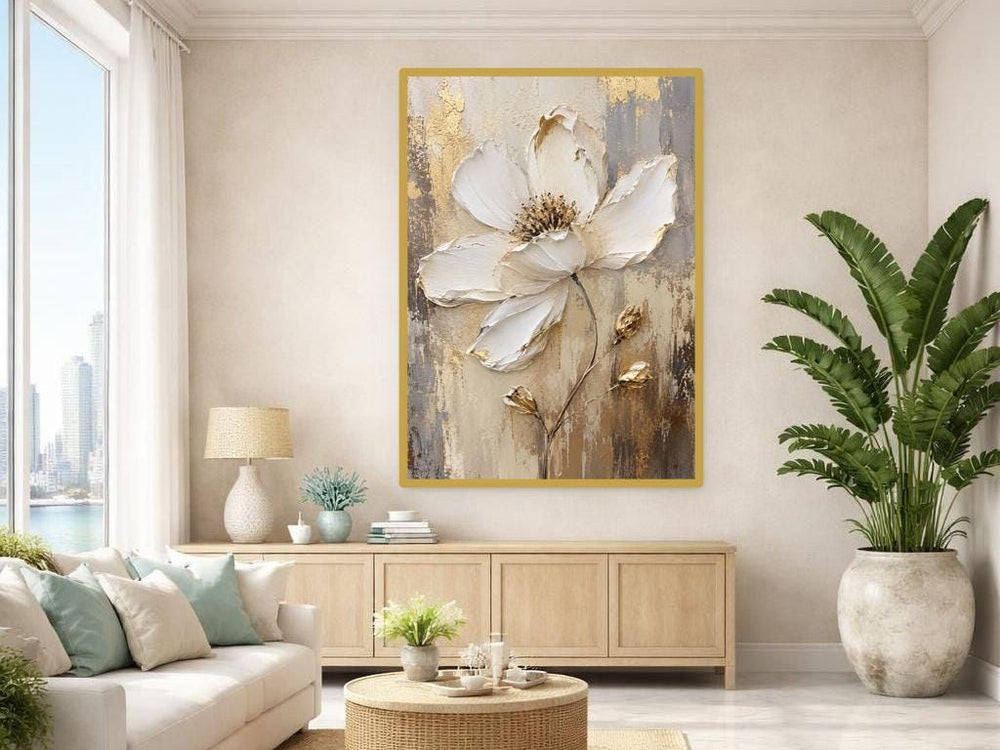 Gold Floral Flower Framed Canvas Print, Textured Floral Art Wall Art, Living Room Decor