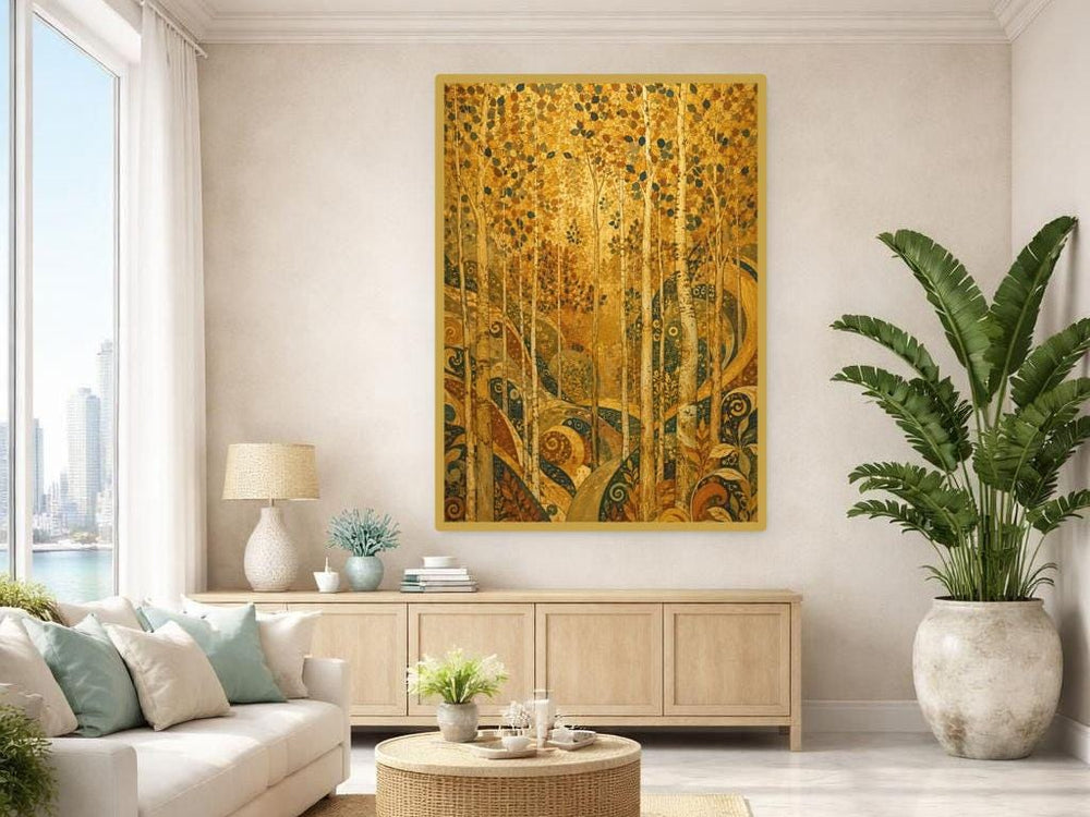 Gustav Klimt Klimt Mosaic Autumn Trees Canvas Print, Golden Botanical Wall Art, Elegant Bedroom Decor, Ready to Hang