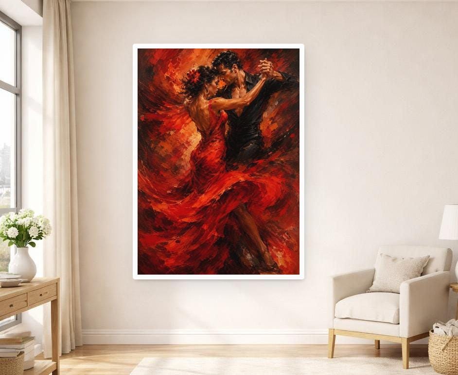 Dancing Couple in Red Wall Art Print, Dynamic Dance Art Canvas Art, Living Room Decor, Ready to Hang