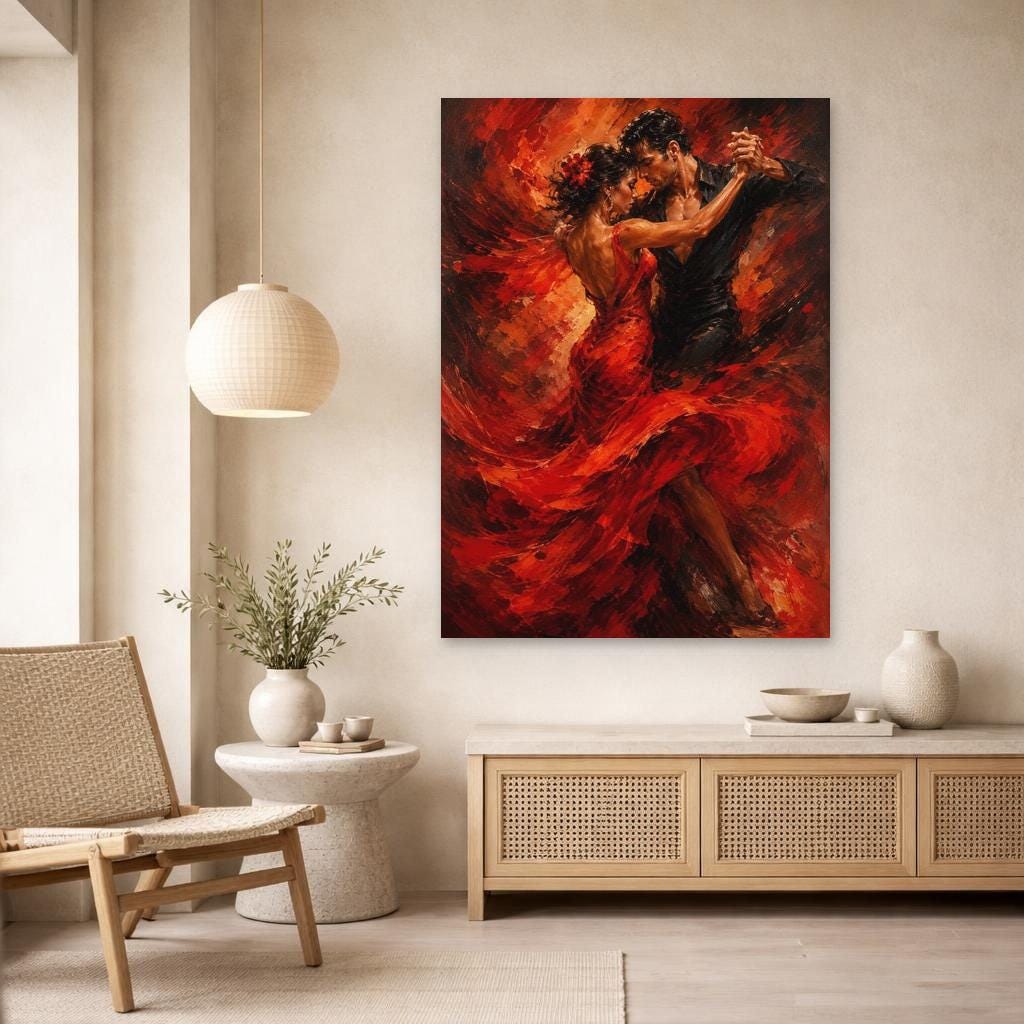 Dancing Couple in Red Wall Art Print, Dynamic Dance Art Canvas Art, Living Room Decor, Ready to Hang