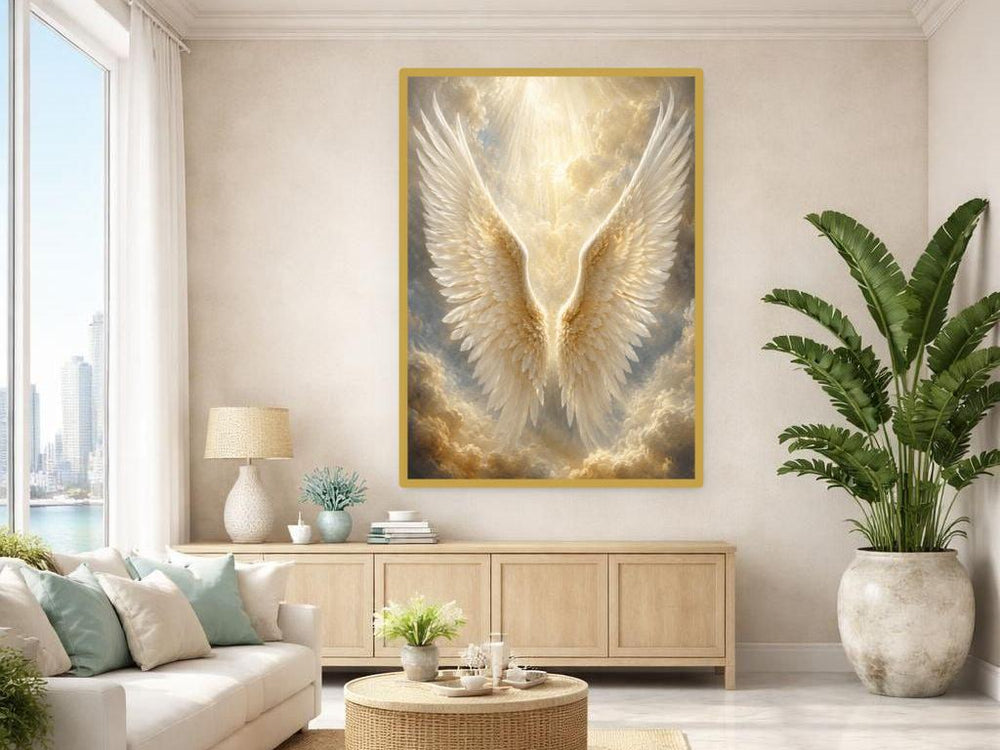 Angel Wings in Clouds Framed Canvas Print, Religious Art, Religious Prayer Room Decor
