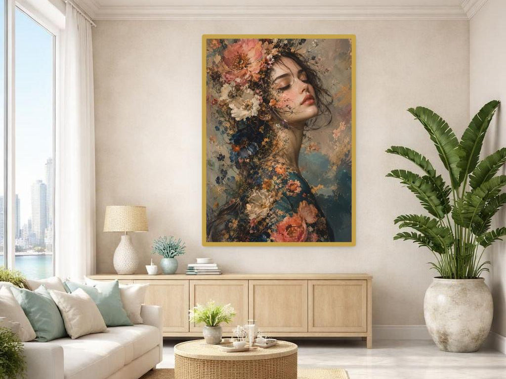 Gold Leaf Floral Woman Wall Art Print, Gold Leaf Botanical Portrait, Bedroom Gallery Decor