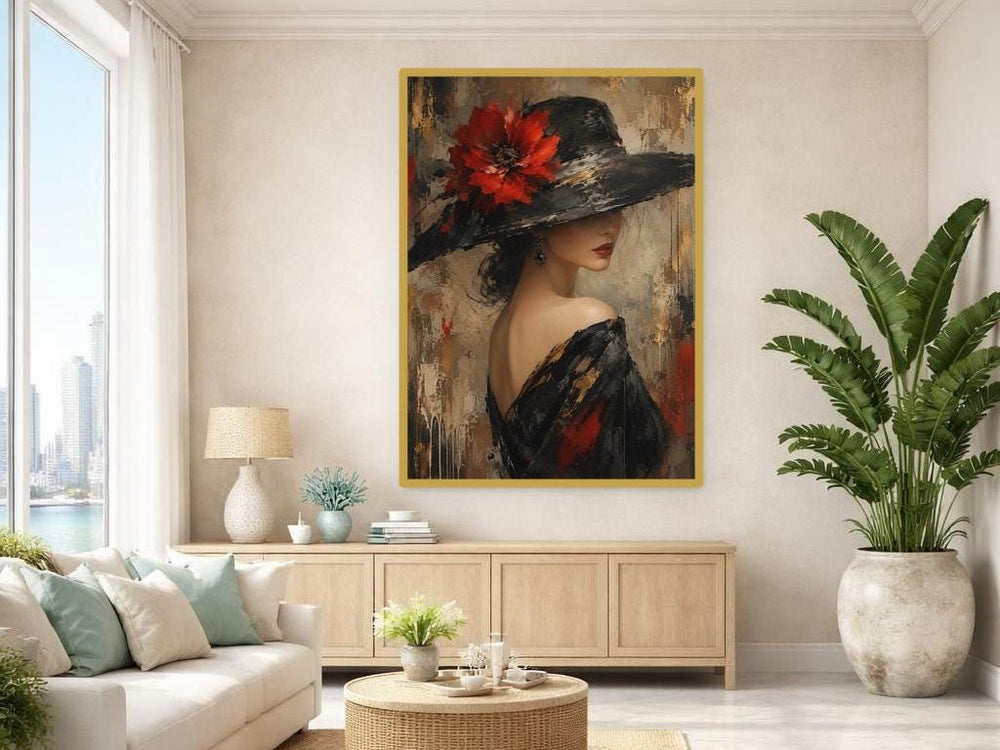 Floral Woman Portrait Wall Art Print, Moody Red Rose Portrait, Gothic Bedroom Gallery Decor