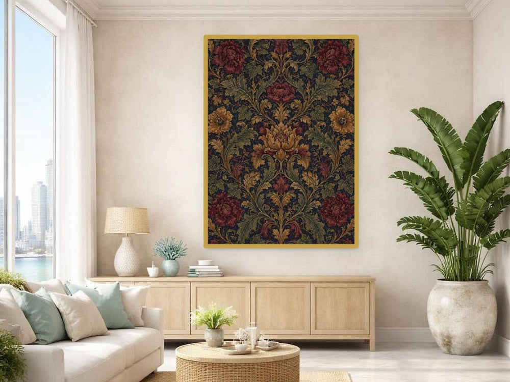 Dark Blue Vintage Floral Floral Pattern Design Canvas Print, Floral Print, Living Room Decor, Framed Canvas
