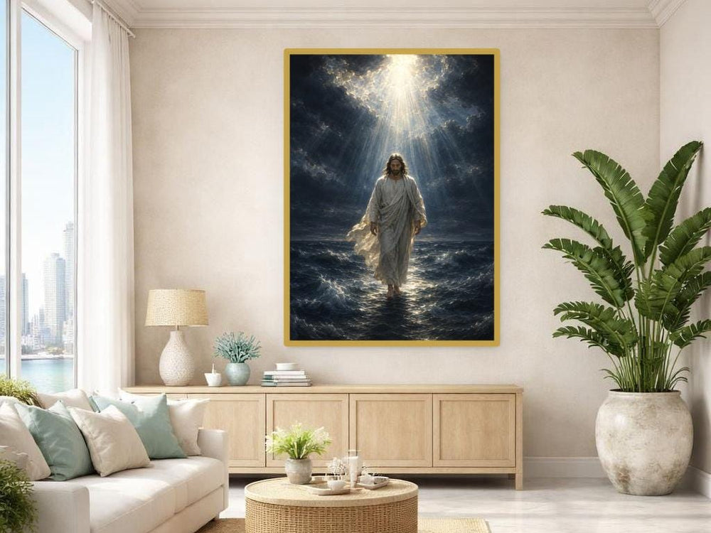 Jesus Christ Walking on Water Canvas Print, Divine Light Wall Art, Faith Based Prayer Room Decor, Ready to Hang