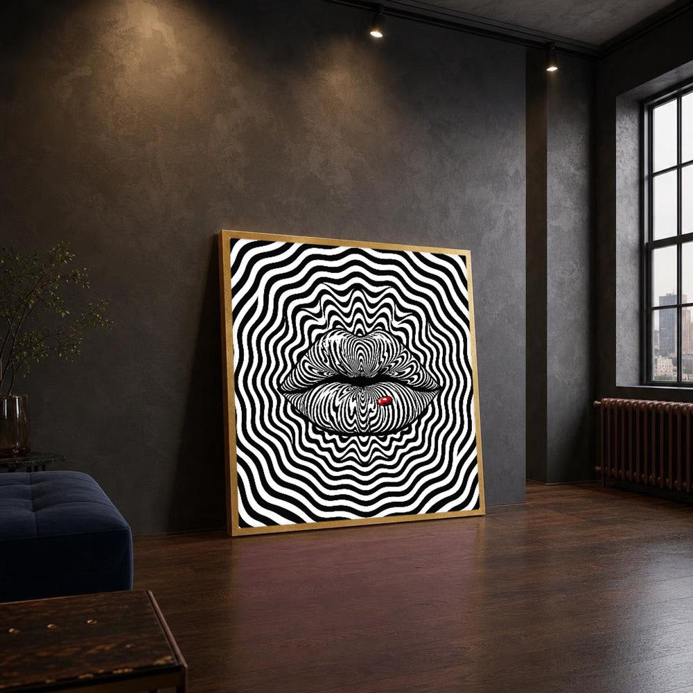 Black and White Abstract Lips Pop Art and Striped Canvas Wall Art, Modern