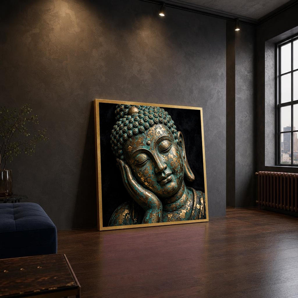 Gold Buddha Serene Buddha Face Leaf Meditation Canvas Wall Art, Buddhist Meditation, Buddhist