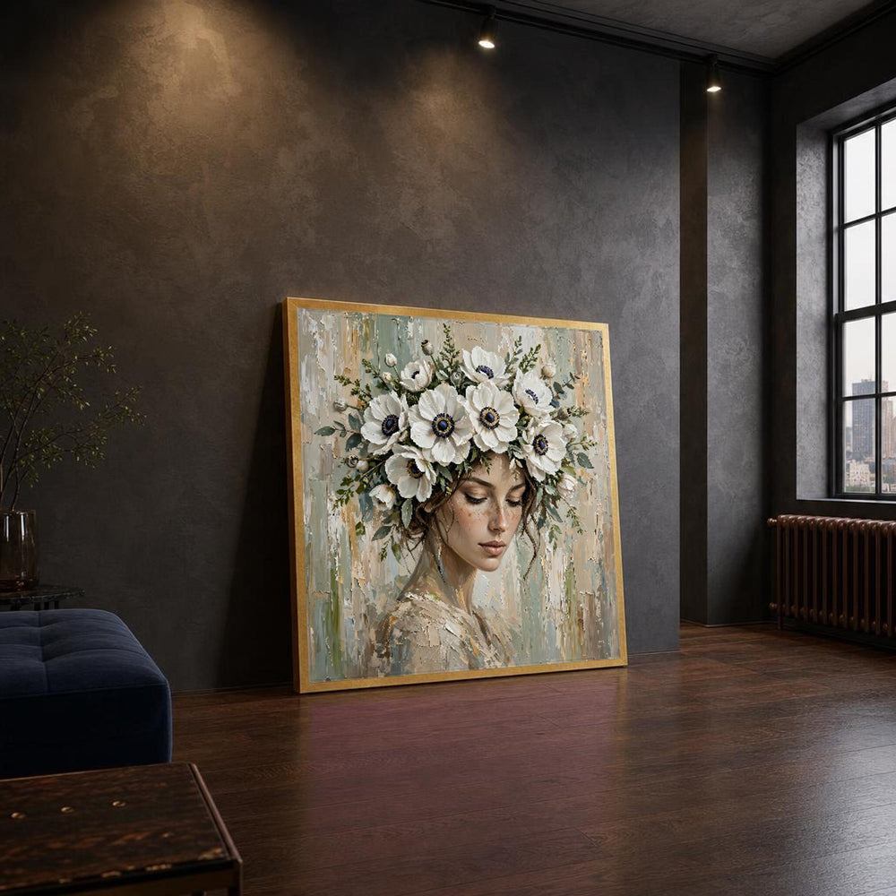 White Elegant Woman with Floral Crown Canvas Wall Art, Modern Minimalist Abstract