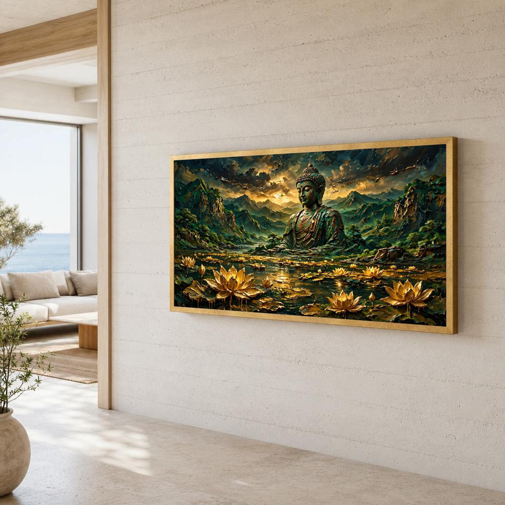 Buddha Meditative Buddha with Glowing Lotus Canvas Wall Art, Buddhist
